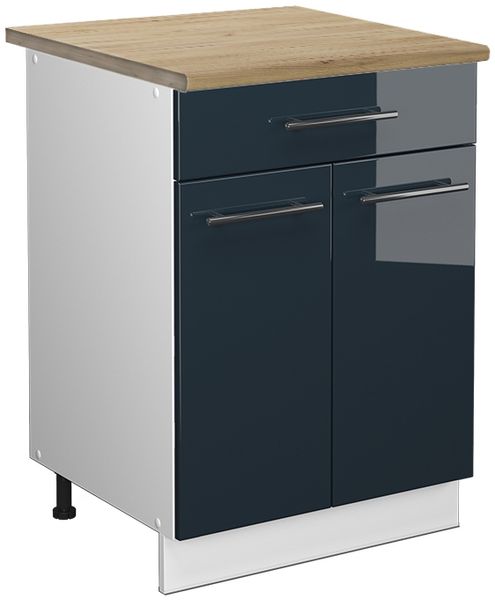 Küchenunterschrank Fame-Line Dunkelblau Hochglanz 60 cm mit Schublade, AP Eiche Vicco