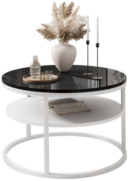 Lookway Couchtisch Ciri 60 mit Ablage, weißem Gestell und Hochglanzplatte (1 Tische), Durchmesser: ⌀60 cm