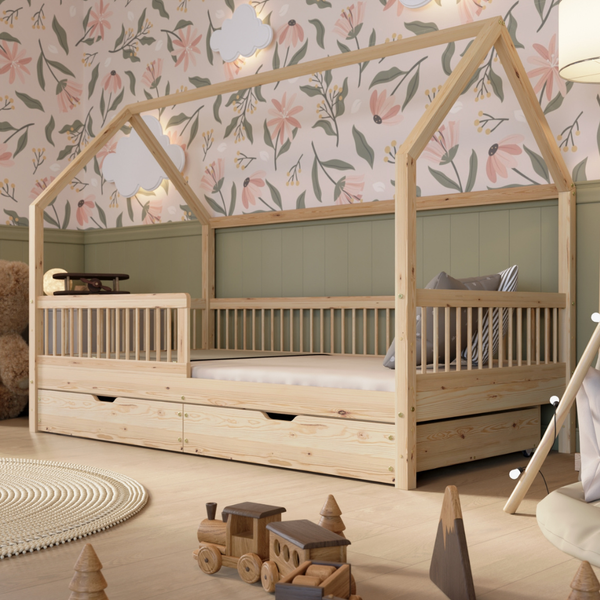 Crazy Pine 'Crazy Polly+' Hausbett mit Rausfallschutz, Holz natur, 100x200 cm, mit Schublade