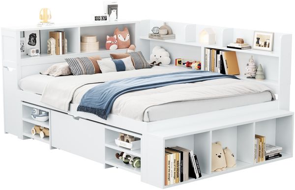 Kinderbett 140x200 cm mit Schubladen, Bücherregal und Stauschrank, großer Stauraum, inkl. Lattenrost, Weiß