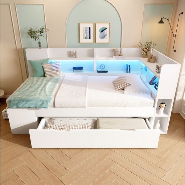 OKWISH Bett Bett 90x200 cm mit LED-Beleuchtung & Stauraum (Packung, 1-tlg, Funktionsbett aus Holzwerkstoff mit USB & Typ-C Ladestation), mit Schubladen Jugendbett inkl. Lattenrost (ohne Matratze)