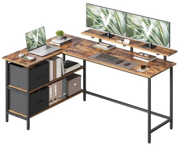 VASAGLE Eckcomputertisch mit Monitorständer, L-förmiger Arbeitstisch, 2 Schubladen, höhenverstellbar, 155 x 105 cm, braun