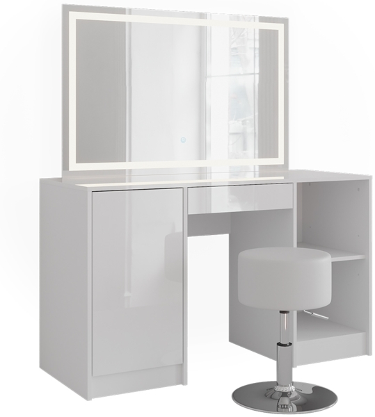 Schminktisch Sherry Weiß/Weiß Hochglanz 128.2 cm mit LED-Spiegel und Hocker Vicco