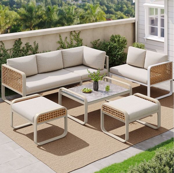 MODFU Sofa Garten-Lounge-Set,mit verzinktem Eisengestell, Garten-Lounge-Set für 6-7 Personen – Modernes Rattan-Möbelset mit ergonomischen Kissen und verzinktem Eisenrahmen, mit Relaxfunktion