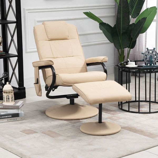 HOMCOM Massagesessel Relaxsessel Fernsehsessel TV Sessel mit Massagefunktion inkl. Hocker Kunstleder Cremeweiß 77 x 84 x 95 cm