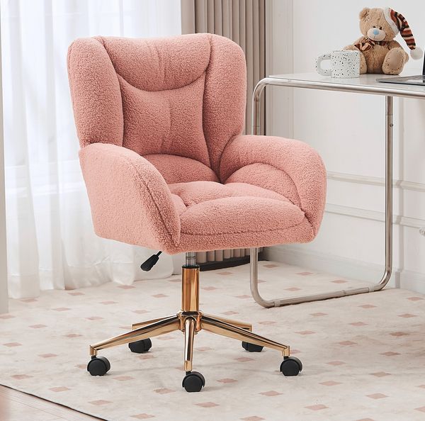 Schreibtischstuhl B 62 x T 64 x H 92,5 cm aus Teddystoff, höhenverstellbar mit Rollen, Rosa, 1 Stück