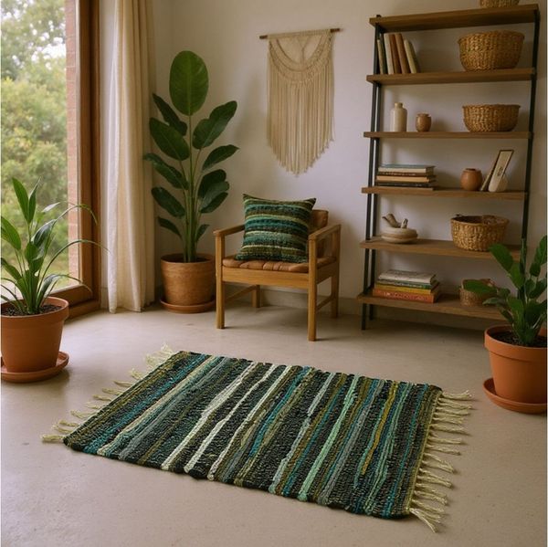 Marrakesch Orient & Mediterran Interior Badematte Callum Grün Teppich 90×50cm, Boho-Vorleger aus recycelter Baumwolle, Baumwolle