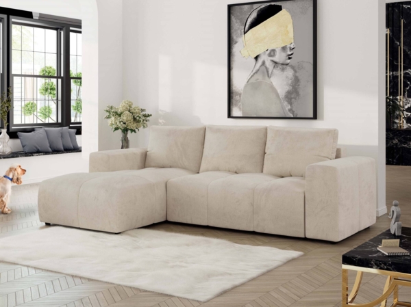 Ecksofa mit Schlaffunktion und Bettkasten, L-form Couch, lose Kissen, Polstersofa - MONIVA - Beige Velours - linke Seite