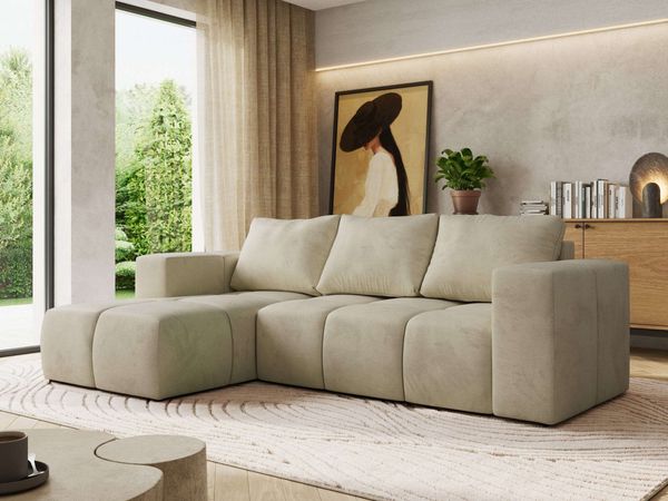 Ecksofa mit Schlaffunktion und Bettkasten, L-form Couch, lose Kissen, Polstersofa - MONIVA - Beige Velours - linke Seite