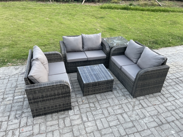 Fimous Gartenmöbel Sets im Freien 6-Sitzer Wicker Rattan Möbel Sofa Sets mit quadratischem Couchtisch Liebe Sitz Sofa 2 Kleine Fußhocker Beistelltisch Bild 1