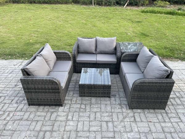 Fimous Gartenmöbel Sets im Freien 6-Sitzer Wicker Rattan Möbel Sofa Sets mit quadratischem Couchtisch Liebe Sitz Sofa 2 Kleine Fußhocker Beistelltisch Bild 2