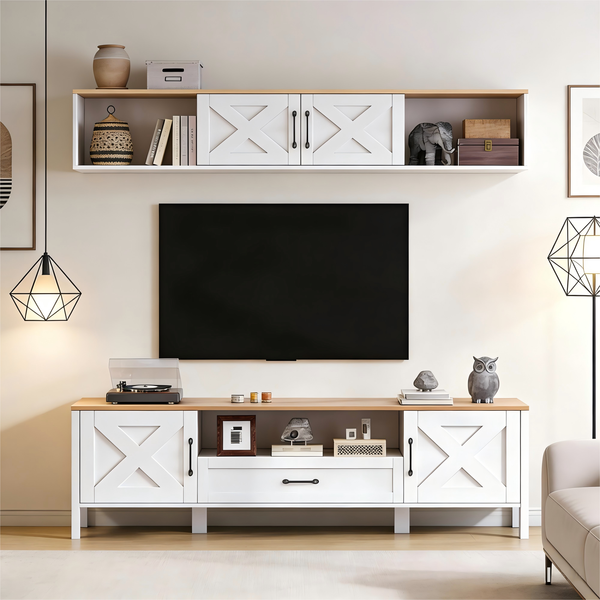 TV-Wand-Set aus MDF, 180 x 40 x 50 cm, mit TV-Schrank und Hängevitrine in Weiß