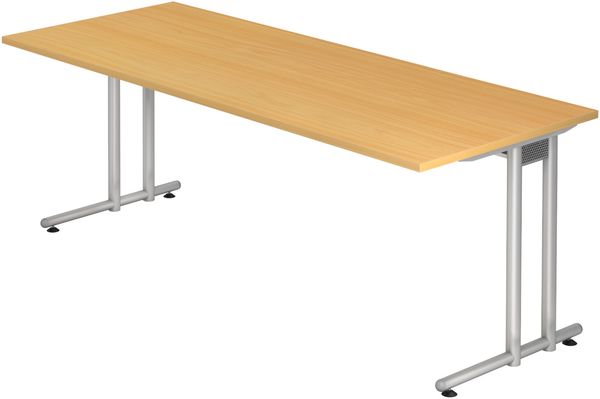 bümö Schreibtisch groß, N-Serie 200x80 cm, Tischplatte aus Holz in Buche, Gestell aus Metall in Silber - PC Tisch, großer Computertisch für's Büro, Office Bürotisch, NS-20-6-S