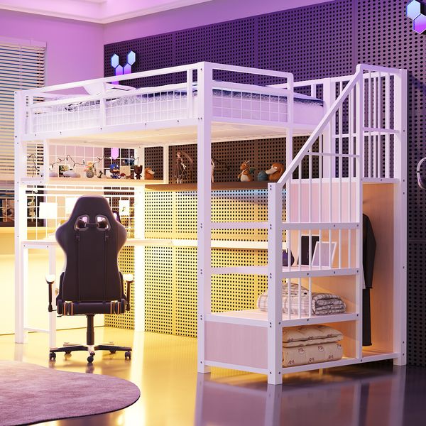 Metall-Hochbett 90x200 cm mit Schreibtisch, Lichtleiste, Steckdosen und Stauraumleiter in Weiß