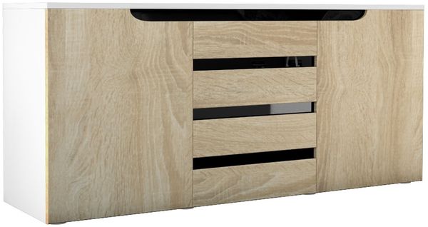 Sideboard Kommode Sylt V1, Korpus in Weiß matt / Front in Eiche sägerau mit Absetzungen in Schwarz Hochglanz (139 x 72 x 35)