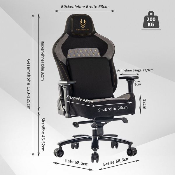 FANTASYLAB Gaming-Stuhl Ergo-Gamingstuhl 200kg, Lendenstütze, Büro/Gaming