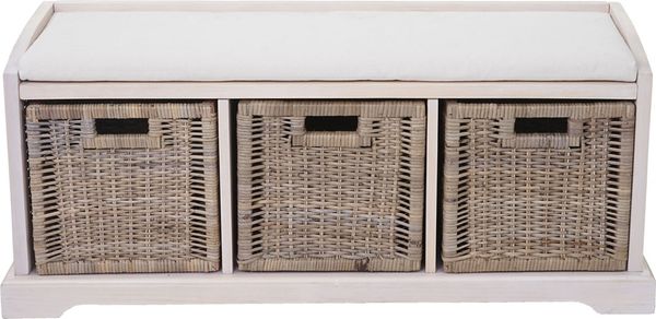Sitzbank Bienne, Aufbewahrungsbox, 3 Körbe, Kubu-Rattan-Geflecht, 112x46x37cm ~ weiß Bild 3