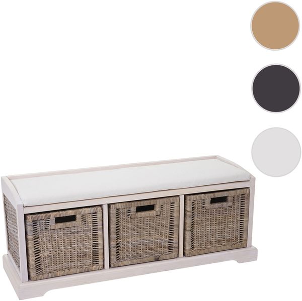Sitzbank Bienne, Aufbewahrungsbox, 3 Körbe, Kubu-Rattan-Geflecht, 112x46x37cm ~ weiß Bild 9
