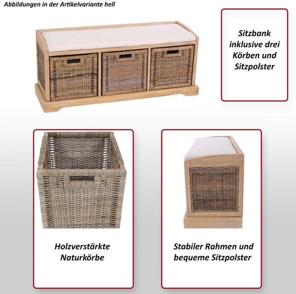 Sitzbank Bienne, Aufbewahrungsbox, 3 Körbe, Kubu-Rattan-Geflecht, 112x46x37cm ~ weiß Bild 2
