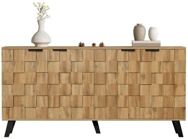SeedWave Sideboard Karierter Schrank Atmungsaktive Kommode von Holzmaserung mit 4 Türen, 2 Rückseitige Löcher zur Wandbefestigung, verstellbare Einlegeboden