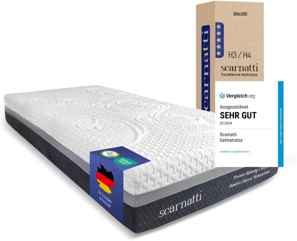 Scarnatti Matratze 100x200, Kaltschaummatratze TESTSIEGER, 27 cm Höhe – 7-Zonen Memory mit Cool Gel, H3–H4, kein Schwitzen, Keine Bewegungsübertragung, grünem Tee & Bambuskohle, Bezug waschbar