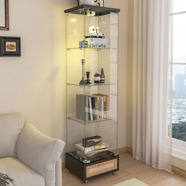 BBWL Vitrine LED mit Schubladen, gehärtetes Glas, 4 Ebenen, abschließbare Türen Glasvitrine 167 cm MDF Bücherregal Standvitrinenschrank mit Rollen