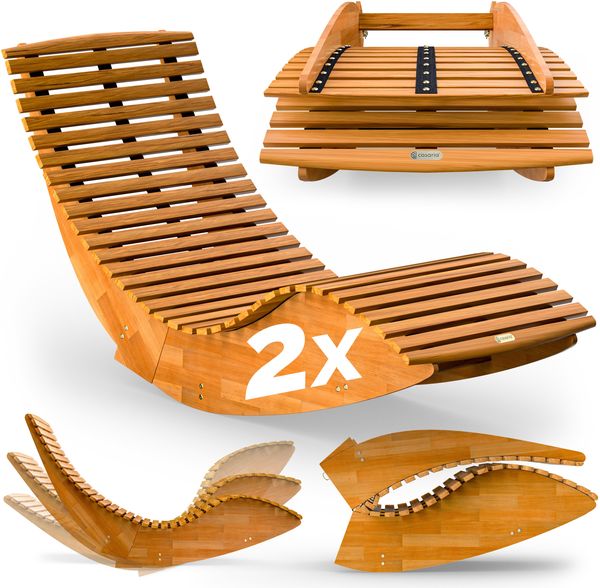 Casaria 2x Gartenliege, ergonomisch, mit Schaukelfunktion, Akazie natur, 150 x 60 x 93 cm
