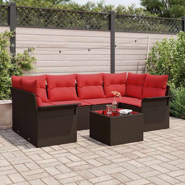 vidaXL Gartensofa-set mit Kissen 7 pcs Beige und Rot Poly-Rattan 3353933