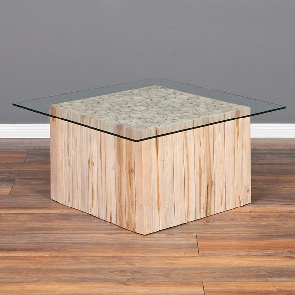 Teak Couchtisch JEFF mit Glasplatte 70x70cm Massivholz Wohnzimmertisch