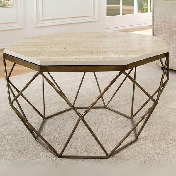 Exklusiver Couchtisch BIJOUX ca. 70cm beige Travertin Handarbeit messing Eisengestell
