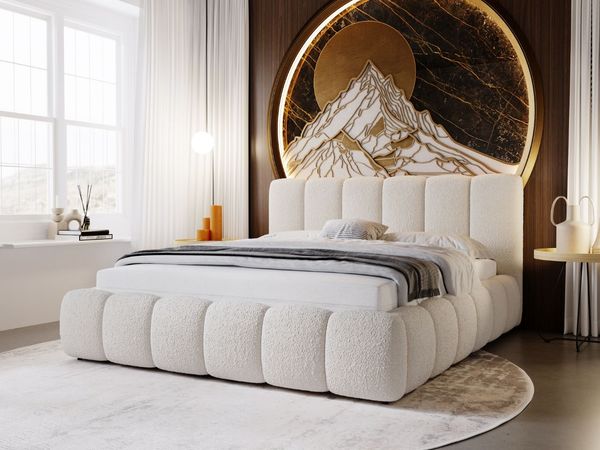 GRAINGOLD Cloud Bett 200x200, Polsterbett mit Bettkasten, Bouclé-Stoff, mit Kopfteil, Beige