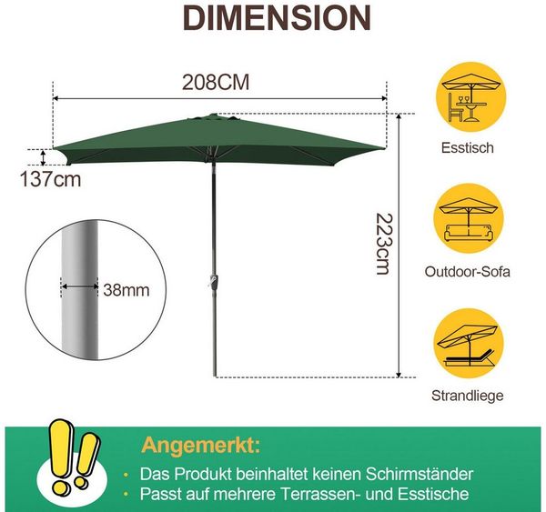 Clanmacy Sonnenschirm Rechteckig Balkonschirm 210x140 cm Sonnenschutz mit kurbel Grün, LxB: 210x140 cm, Stabiler knickbar/für Garten, Balkon, Terasse/Sonnenschutz