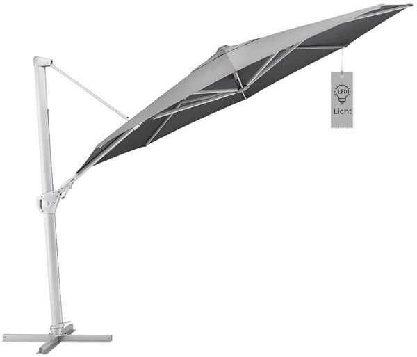 Kettler Ampelschirm LED 350 cm Sonnenschirm mit Schutzhaube rund Silber/Charcoal