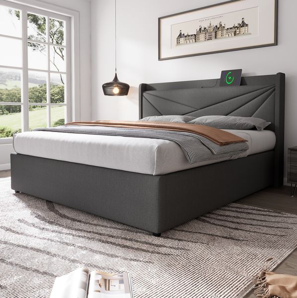 Polsterbett 180x200 cm mit Bettkasten und USB/Typ-C – Doppelbett aus Baumwoll-Leinen in Grau