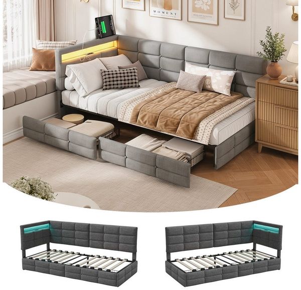 Furnishings Home Polsterbett LED Tagesbett Daybett 90x200 cm, Stauraumbett mit Kopfteil (Kopfteil beidseitig montierbar Geeignet für Jungen und Mädchen), mit Lattenrost und Ladefunktion, mit Komforthöhe, Leises Design Bett