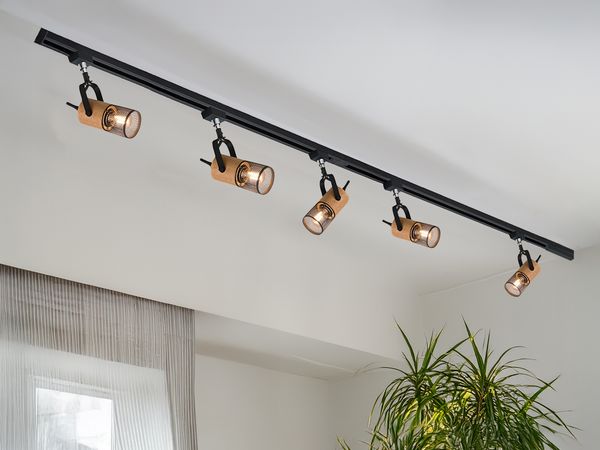 Lichtschienensystem mit 5 Holz Spots & Einspeisung 4-adrig, Länge 202,5cm