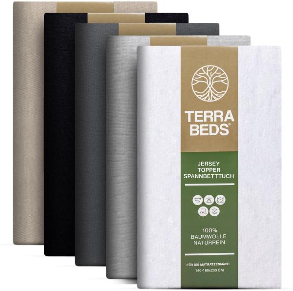 Terra Beds Premium Topper Spannbettlaken 140x200 cm - 160x200 cm 160g/m2-100% Hochwertiges Oeko-TEX Baumwoll Jersey Spannbetttuch für boxspringbett Topper – Erhältlich in 10 Farben