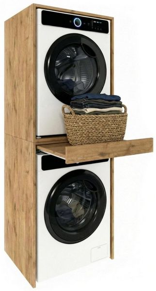 TREND WERK Waschmaschinenumbauschrank 66×64×184 cm - für Waschmaschine & Trockner übereinander (Waschraum Möbel Schrank für Waschküche mit Stauraum) Waschturm für Waschmaschine & Trockner mit Ausziehbrett & Hochschrank