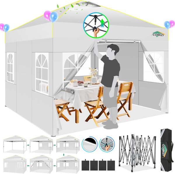 COBIZI Pavillon 3x3 m Wasserdicht Stabil Winterfest Faltpavillon Partyzelt Gartenpavillon Pop Up Pavillon Klappbar Zelt mit 4 Seitenwnden Belüftungsöffnungen, Sandsack für Markt, Freien Event,Weiß