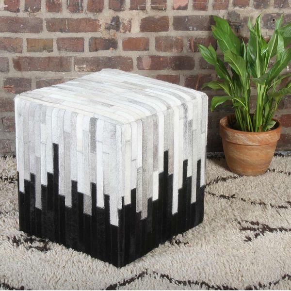 Patchwork Fellhocker Sunil, Echtfell und Leder, 45 x 45 x 48 cm