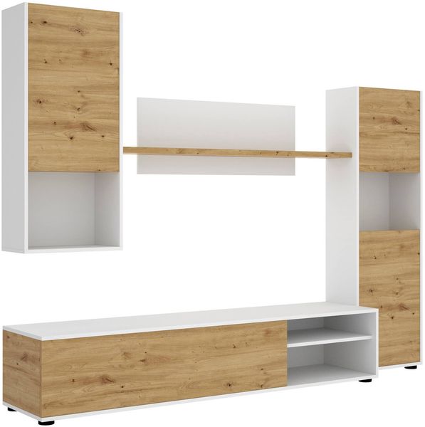 Dmora Artex-Wandsystem, TV-Ständer-Wohnzimmerset, Mehrzweck-Wohnzimmermöbel, 220 x 41 x 180 cm, geknotete Eiche und Weiß