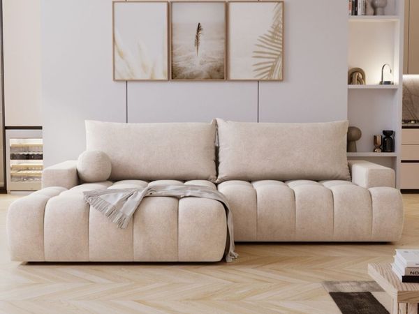GRAINGOLD Ecksofa Havi, Sofa L-Form mit Bettkasten, gesteppte Sitzfläche, Schlaffunktion, Velour-Stoff, Hellbeige, Links