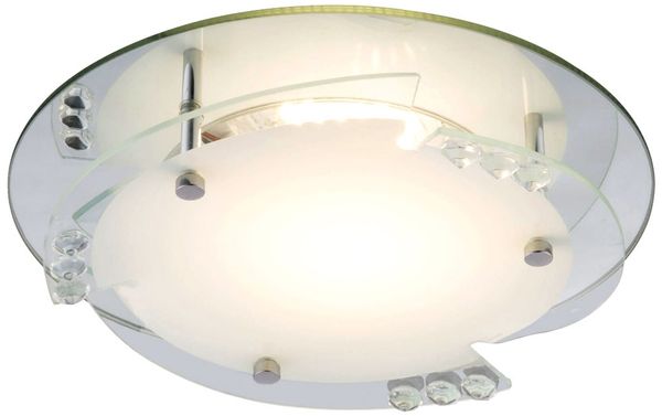 LED Deckenleuchte, Glas weiß, Kristalle, Spiegelrand, D 25 cm