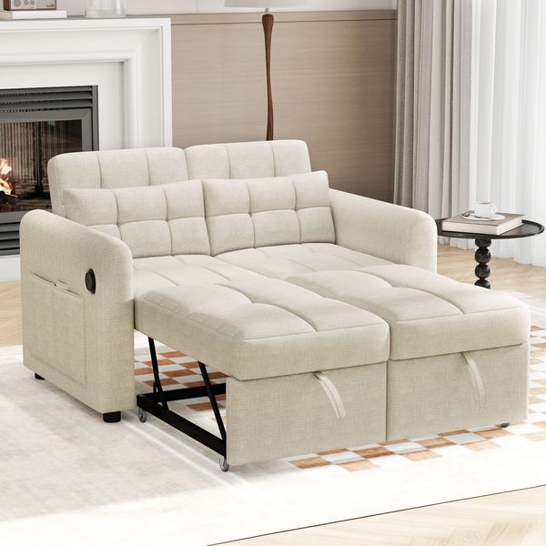 Schlafsofa 142x85x83 cm in Beige, 3-in-1 mit verstellbarer Rückenlehne, USB und Armlehnentaschen