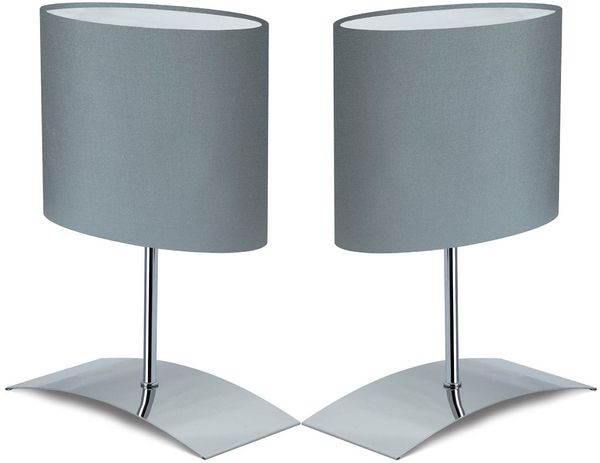 TRANGO LED Nachttischlampe, 2er Pack 2018-04GL LED Nachttischlampe inkl. je 1x E14 LED Leuchtmittel 3000K warmweiß *GREY EAGLE* Tischleuchte mit Stoffschirm in Grau Lampe, Fensterbank Leuchte, Nachttischlampe für Schlafzimmer