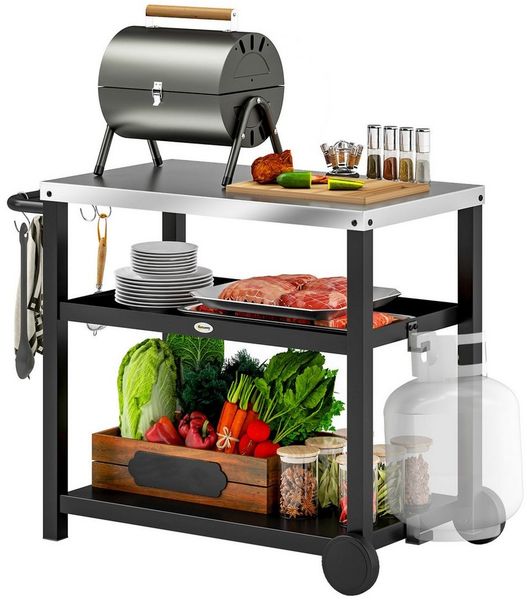 Outsunny Servierwagen 3-Etagen, mit Arbeitsfläche Ablagen Haken Räder, (BBQ Grilltisch, 1 St, Grillwagen aus Edelstahl), für Garten, Grill, 102 x 50 x 81cm, Kohlegrau