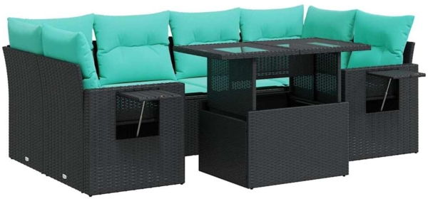 vidaXL 7-tlg. Garten-Sofagarnitur mit Kissen Schwarz Poly Rattan Akazie 3326428