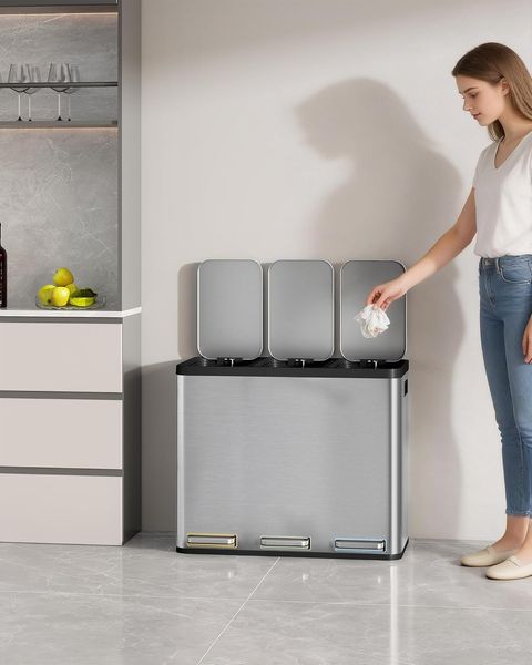 Mülleimer Küche, Mülltrennsystem 3 Fächer 54L (3 x 18 L), Edelstahl-küchenmülleimer, Tretmülleimer mit Farbcodierbaren Pedalen, Abfalleimer Ruhiger Langsamer Abstieg, Silber