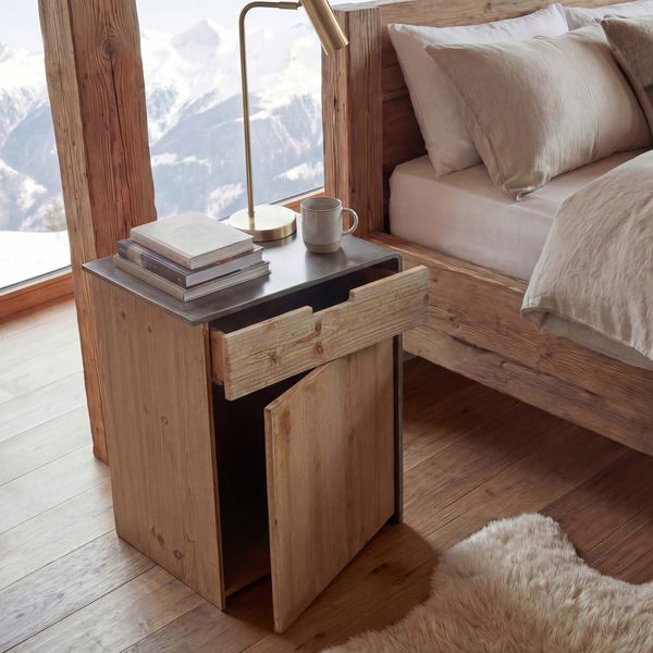 Kommode HWC-L76, Nachttisch Beistelltisch, Industrial Massiv-Holz MVG-zertifiziert 60x50x40cm, natur mit Metall-Optik