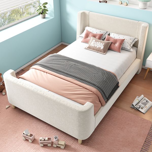 Kinderbett Schlittenbett, Samt mit Weltraum-Muster & Lattenrost, 99x212x76 cm, Beige, ohne Matratze